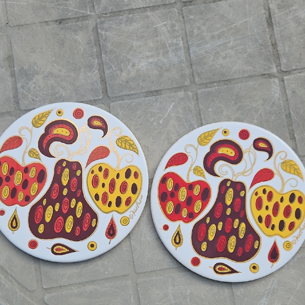 Vintage 2PCS MCM FRED PRESS ROUND Vibrant Abstract FRUIT Art Coaster TILE Trivet